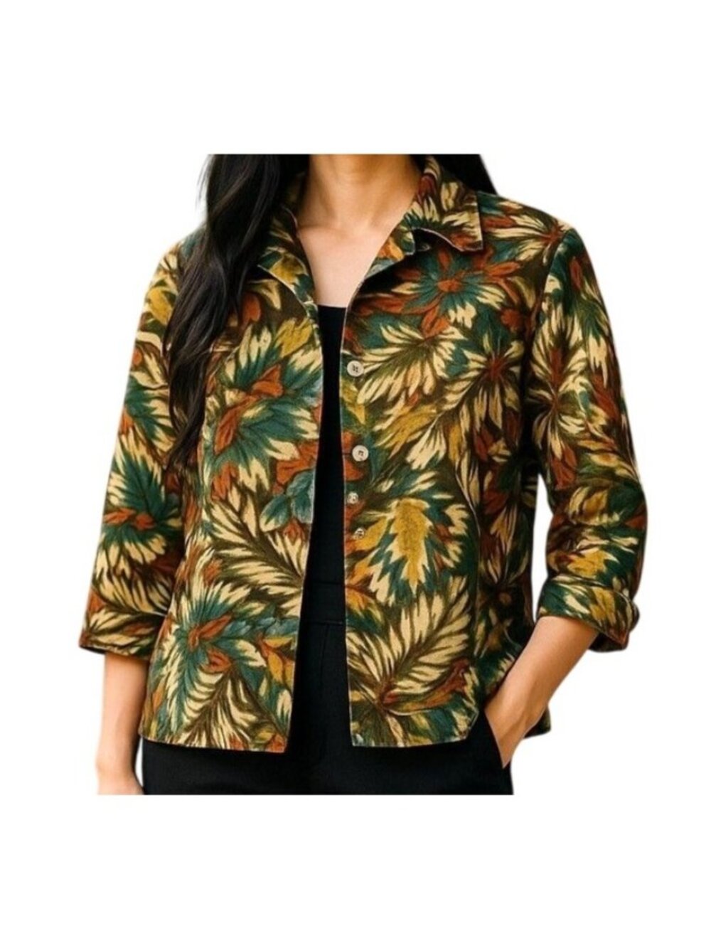 Silk Land Jacket Womens M Green Floral Beaded 100% Silk Lined Blazer Evening